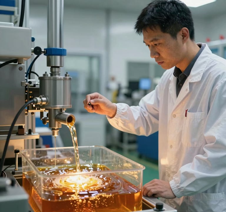 Industrial machinery transforming used oils into refined base oils with piping and control panels.