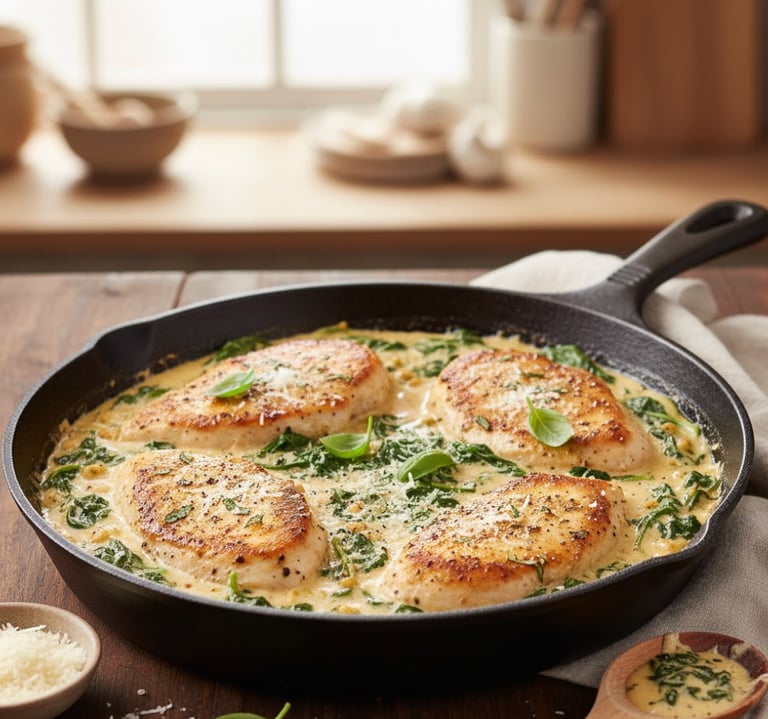 Creamy garlic chicken with spinach cooked in a skillet