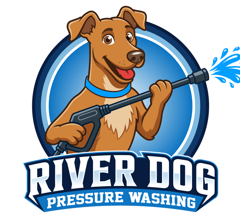 Official logo for River Dog Pressure Washing LLC; a brown dog holding a pressure washer wand