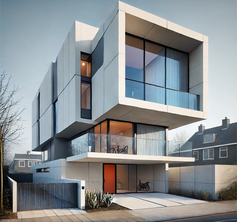 DALL·E - A modernist attached single-story house with a cubic shape, located in Utrecht.
