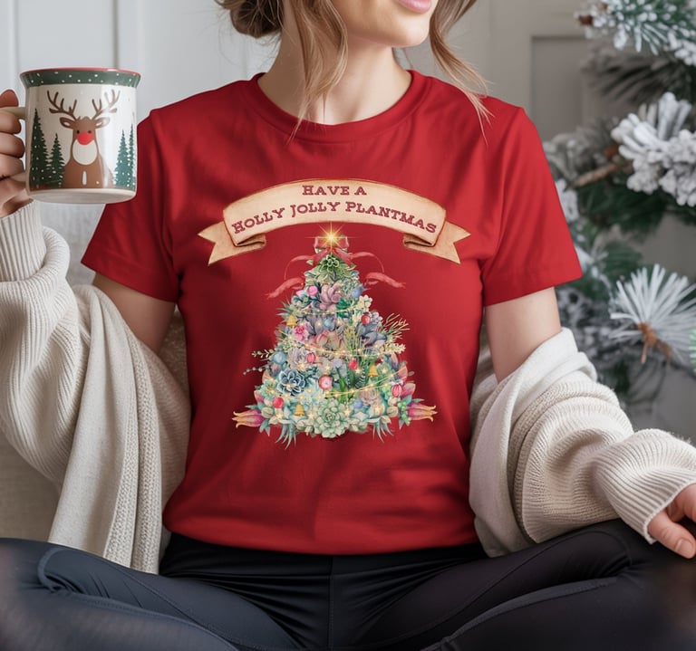 Red tee with succulent Christmas tree and “Holly Jolly Plantmas” — festive plant lover shirt by Miss Chatty Plants