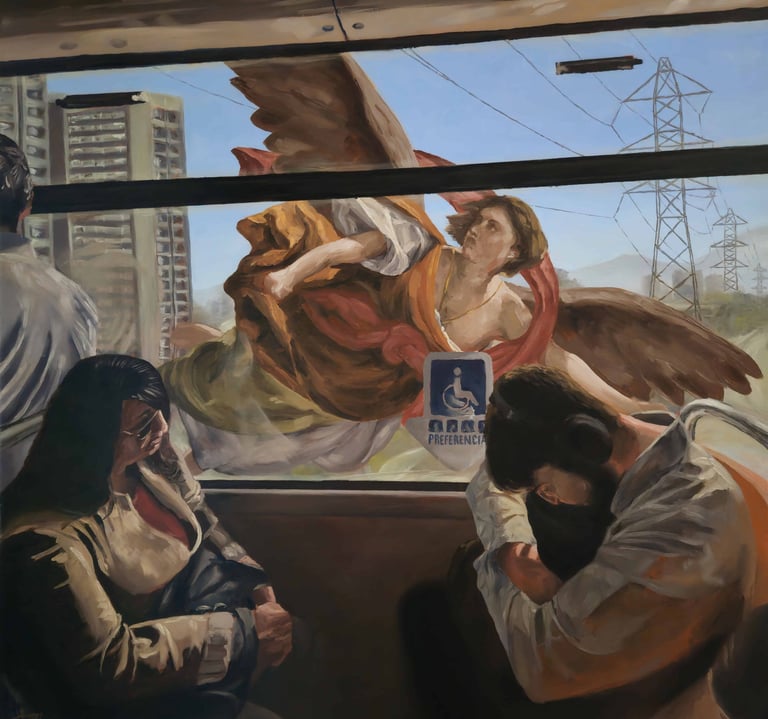 a painting of a man and woman sitting on a train. And angel fllying by their side