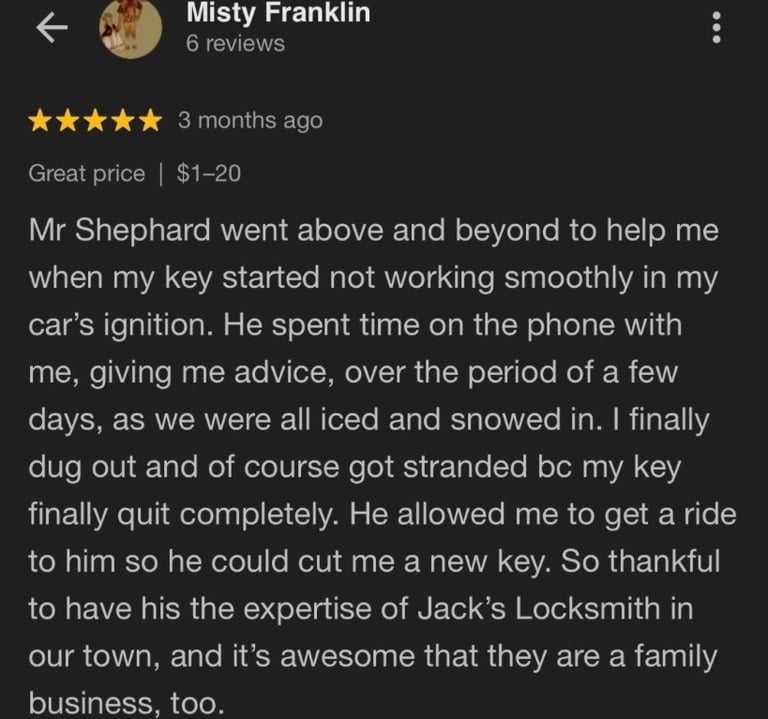 Five-star Google review of Jack's Locksmith for cutting a new car key after the original failed in the ignition