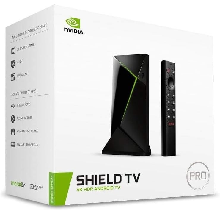 NVIDIA SHIELD TV Pro 4K HDR Android TV streaming media player box and remote in original retail packaging.