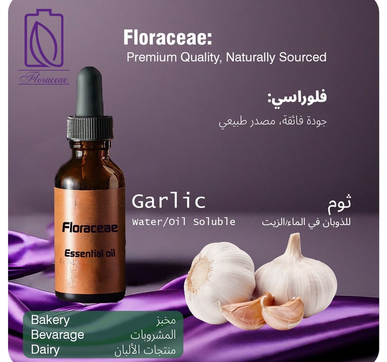 Floraceae garlic food flavour bottle with fresh garlic bulb illustration