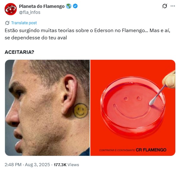 X do Planeta do Flamengo faz enquete sobre Ederson no Mengão.