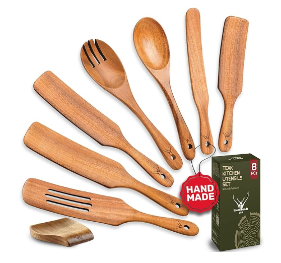 7-piece premium teak wood spurtle and spatula set from Woodlands USA.