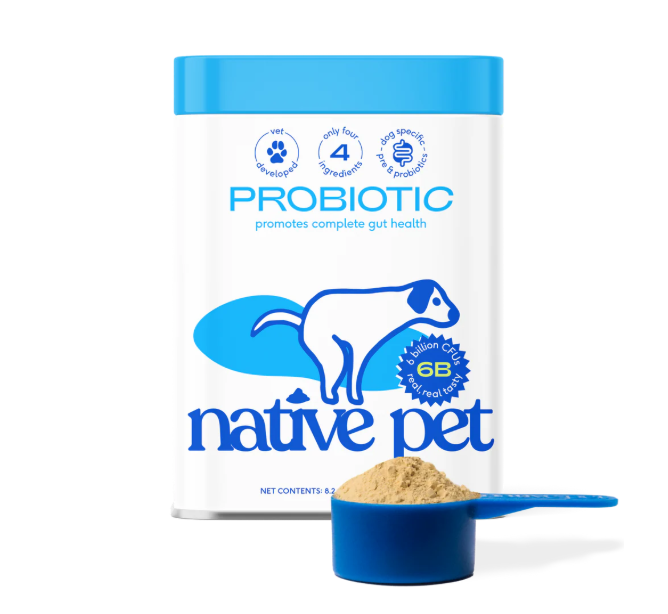 Native Pet Probiotic Powder for dogs on a white background, clean label supplement.