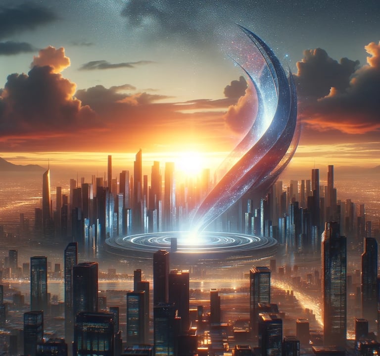 A futuristic cityscape at dawn, with the first light of the sun breaking over the skyline. The newly