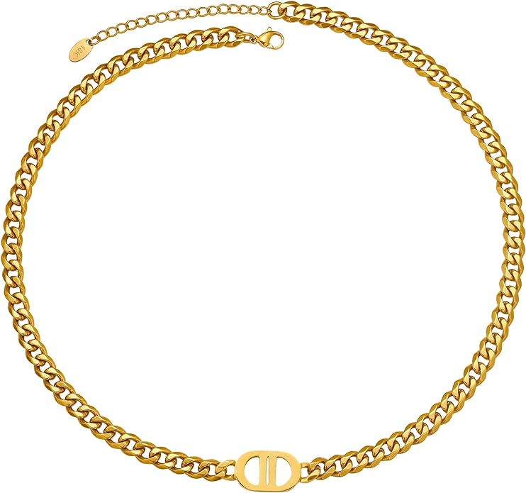 Affordable Under $50 Necklace 18K Real Gold Plated Initial Choker with Double D Letter Stainless Steel Diamond-Cut