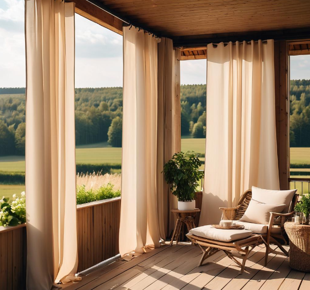 Šviesiai rudos spalvos pavėsinės užuolaidos