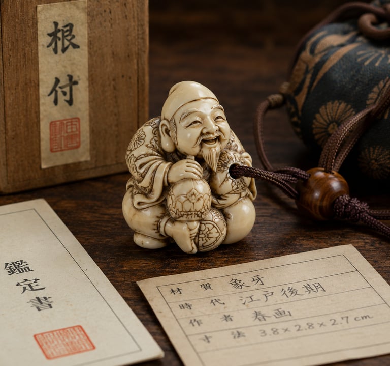 Antique Japanese netsuke carving of a smiling deity with wooden box and authenticity documents.