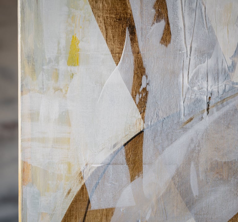 Abstract acrylic painting with textured white, brown, and yellow brushstrokes on canvas.