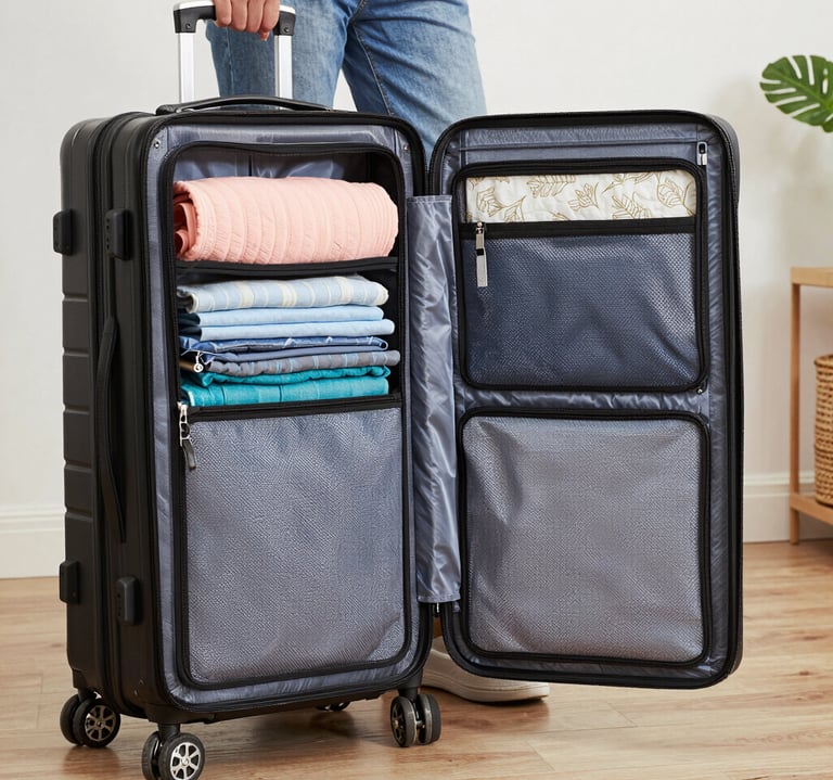 An open black hard-shell suitcase packed with organized folded clothes and mesh storage compartments.