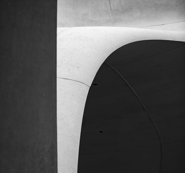 Curvilinear concrete architecture in grayscale.