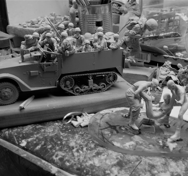 A display of multiple wartime figurines