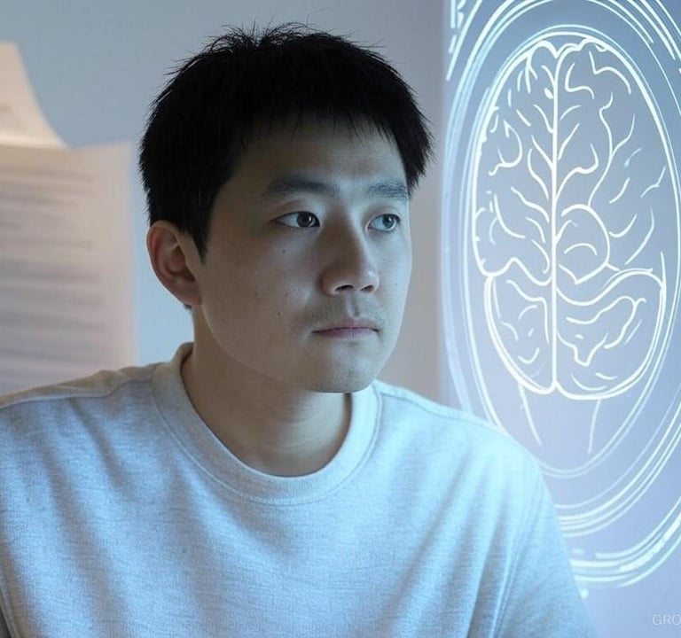 a man in a white shirt is looking at a computer screen
