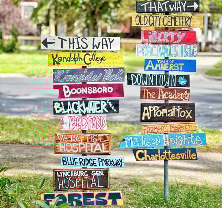 signs pointing to destinations in central viriginia from 2123 Rivermont