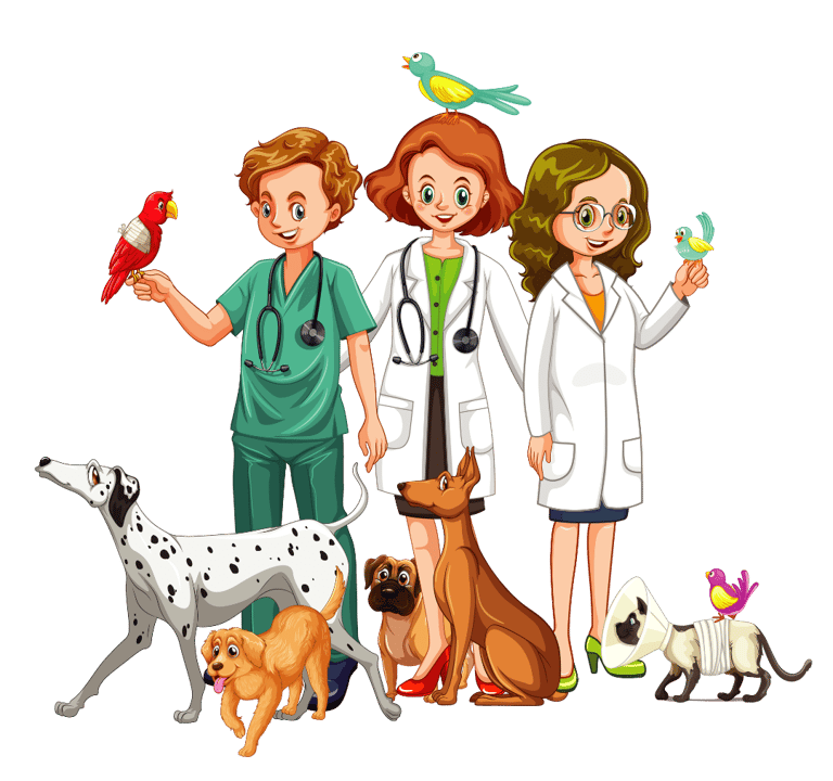 veterinarios rodeados de perros, gatos, loros y pájaros, simbolizando el cuidado de los animales.