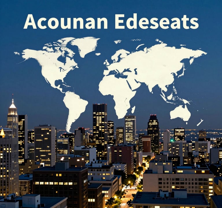 A crisp, professional photograph of an outdoor urban scene at dusk, used as a backdrop for the commercial. The city lights are a soft off-white, and the sky is a deep slate blue, creating a sense of global connectivity and sophisticated design.