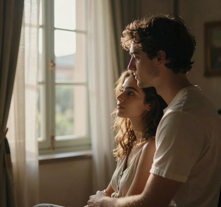 Spontaneous photography of a young couple sharing a quiet, authentic moment inside a warm, sunlit Southern European / Italian villa. The composition is intimate and cinematic, with light filtering through linen curtains.