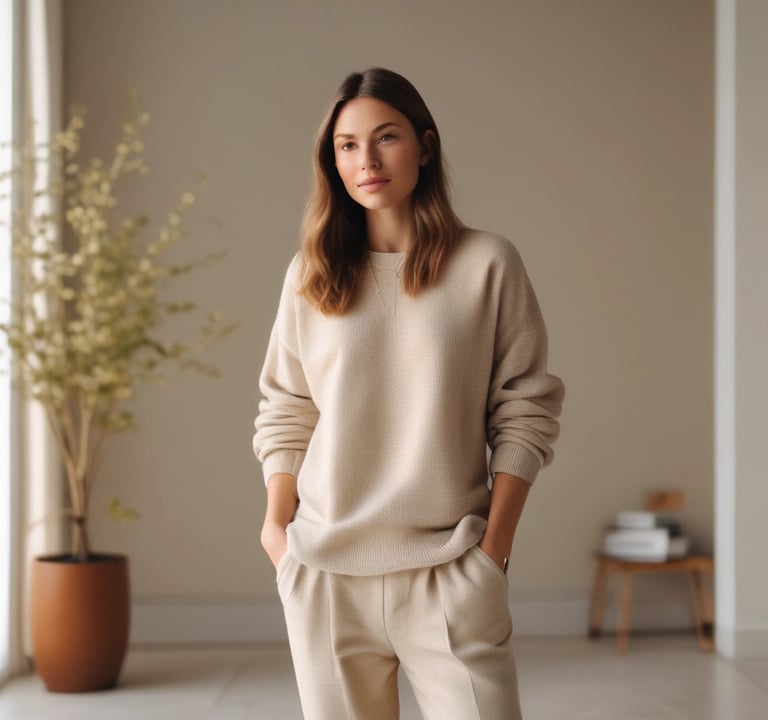 A woman smiling confidently in a neutral-toned outfit against a minimalist urban backdrop.