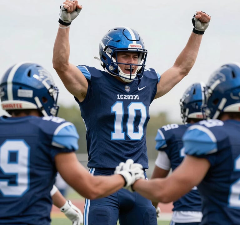 A dynamic shot of the athlete celebrating with teammates after a scoring play. This highlights leadership and team camaraderie. The lighting is bright and energetic, with jersey colors matching #1C2B3A and helmet highlights in #8FAEC0.