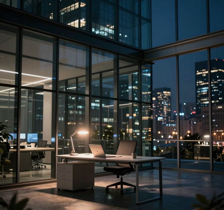 A professional wide shot of a modern, glass-walled office at night with city lights in the background. A single desk is illuminated by a warm lamp, showcasing the high-tech lifestyle of a Global / Digital Professional.