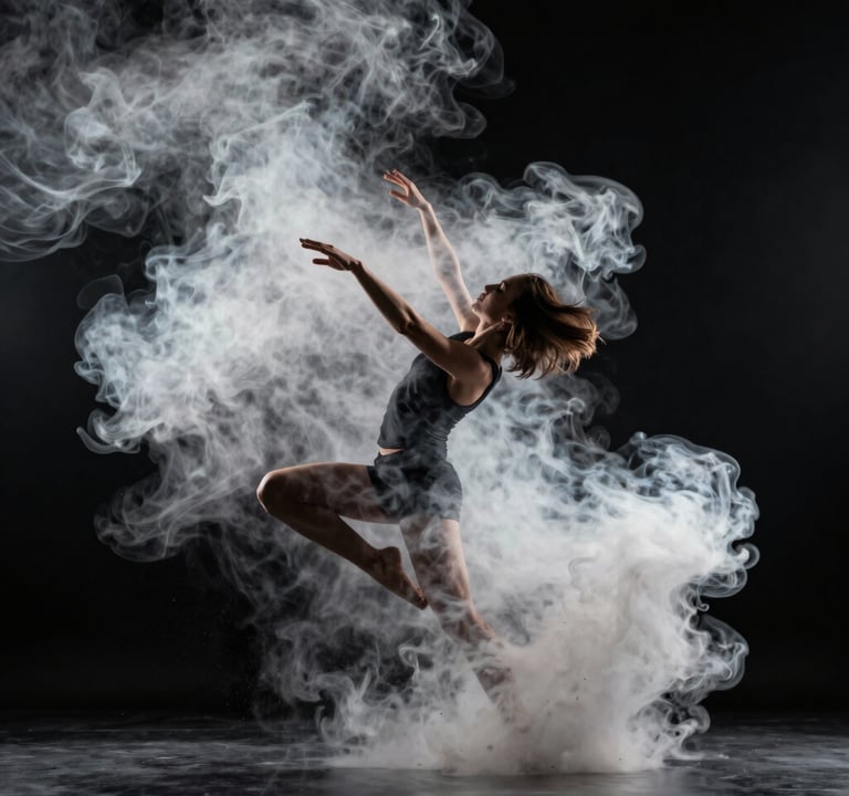Action shot of a dancer moving through a cloud of smoke, captured with a fast shutter speed to freeze the motion. Lighting is high-contrast cloud white on a deep black background, conveying raw energy.
