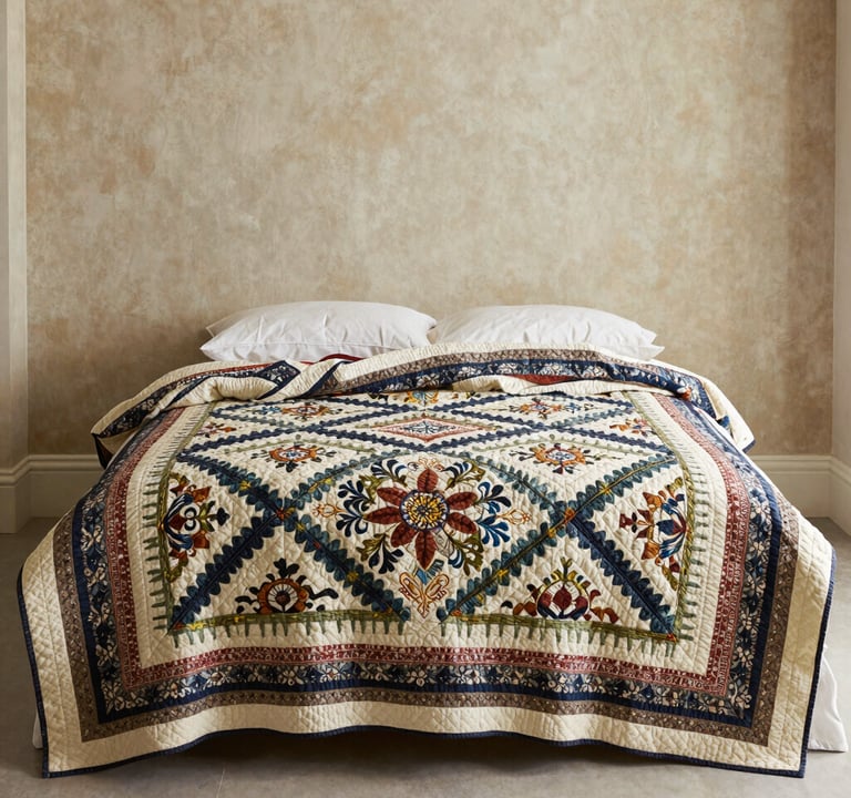 A lifestyle shot of the Forest Path quilt laid flat across a minimalist bed with high-end linens. The room is bright and airy with antique parchment walls. The quilt acts as a sophisticated focal point, showcasing its intricate pattern and handcrafted elegance.