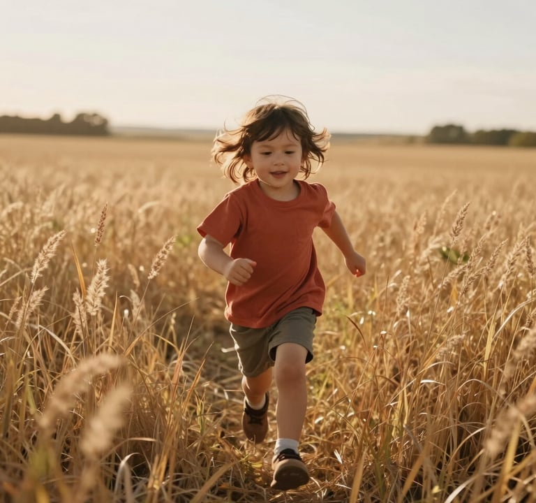 Authentic lifestyle photography of a young child running through tall, golden grass in a rural North American / US field. Sun-drenched, backlit hair, cinematic motion, warm and inviting atmosphere with terracotta and soft sand tones.