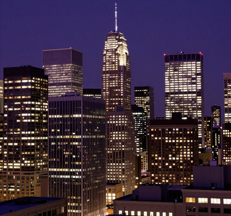 A dramatic nighttime shot of a North American city skyline, buildings glowing with deep purple and off-white lights, representing the vast reach of licensing and media distribution.