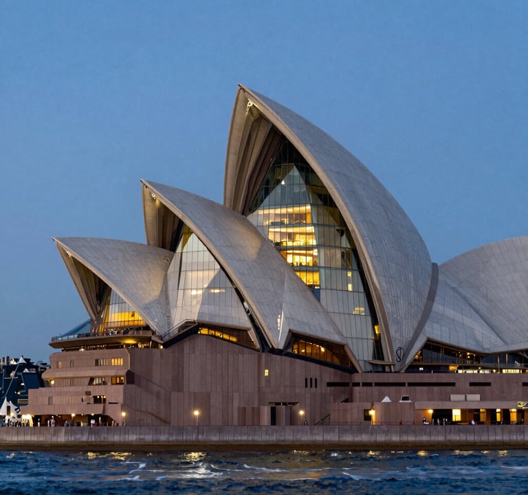 Wide shot of a modern architectural building on the Sydney coastline during the blue hour, glowing off-white interior lights, cinematic composition, elite commercial photography style.