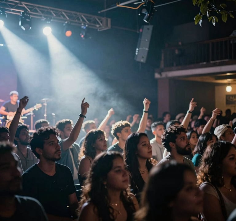 A candid, vibrant photograph of an audience at an intimate live music venue in a Latin American city. The stage lights create misty soft white and cool steel grey beams through the dark slate blue atmosphere. The mood is energetic and authentic.