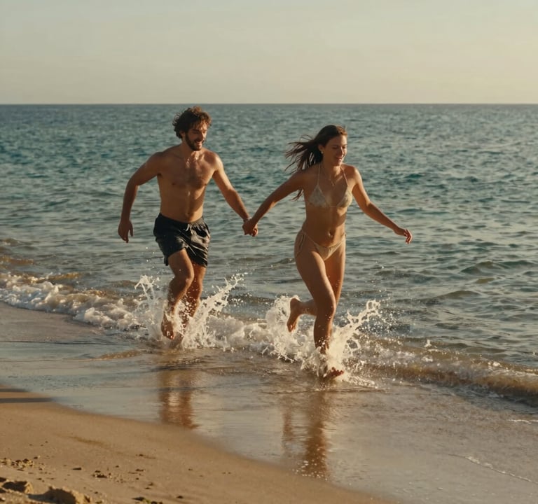 A cinematic photograph of a couple running playfully into the shallow ocean water. The scene is bathed in warm golden hour light, with soft sand in the foreground and a cinematic, authentic feel.