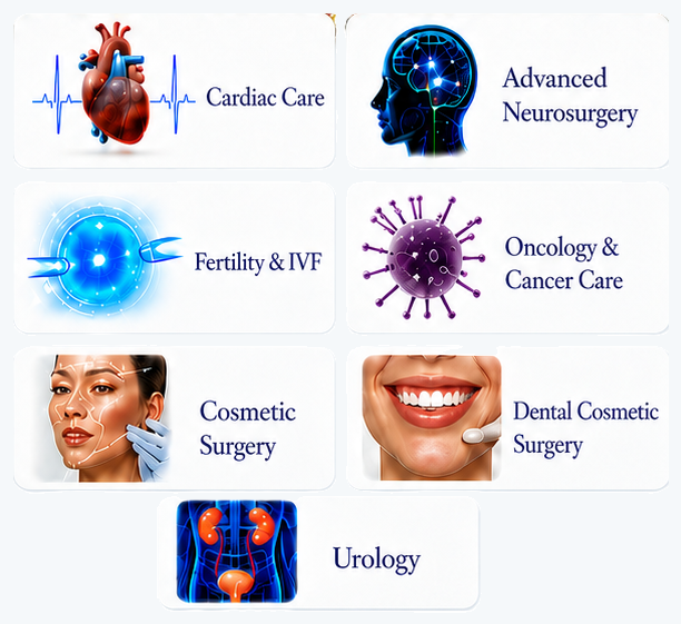 Cardiac Care, IVF, Cosmetic Surgery, Neurosurgery, Cancer Care, Dental Care, Urology