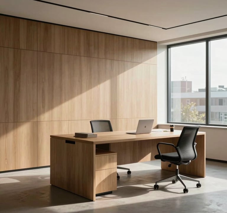Professional photography of a modern minimalist office interior in Burlington. The shot uses soft natural light to highlight clean lines and high-quality textures in a warm and professional manner.