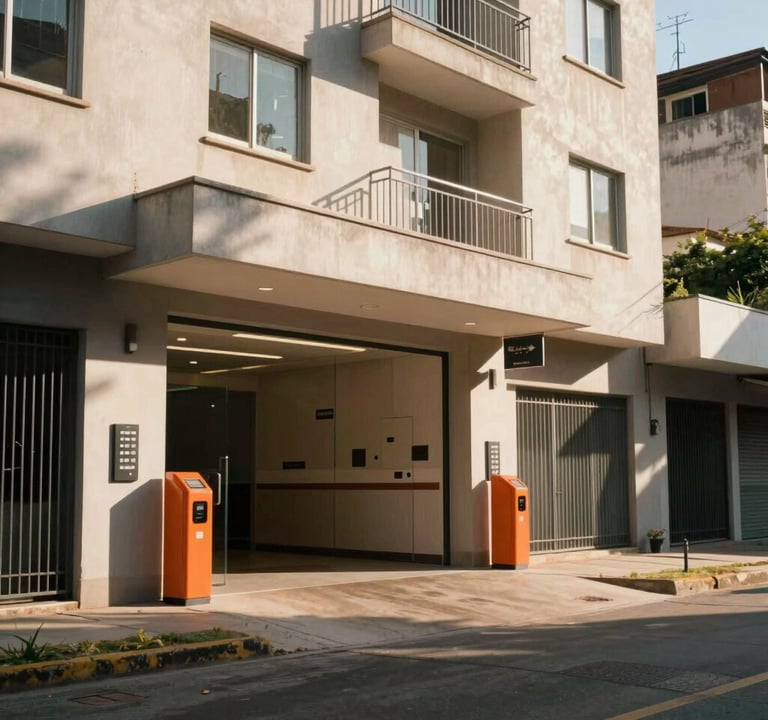 A cinematic wide shot of a contemporary apartment complex entrance in a South American / Brazilian city, featuring integrated intercoms and automated orange gates, bright afternoon sun casting long, warm shadows.