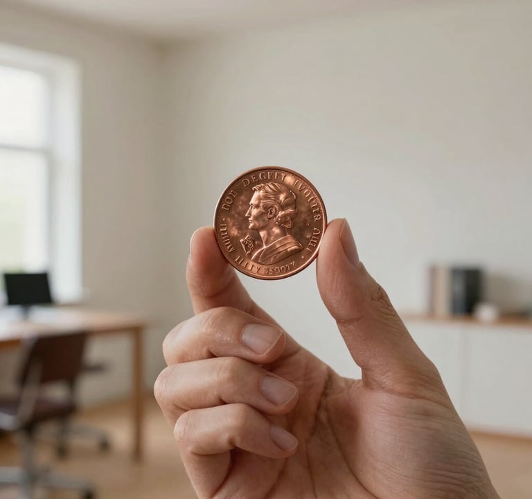 Close-up of elegant hands holding a large, polished copper coin. The scene is set in a light, airy International / Western study with soft off-white walls and minimalist furniture in the background.