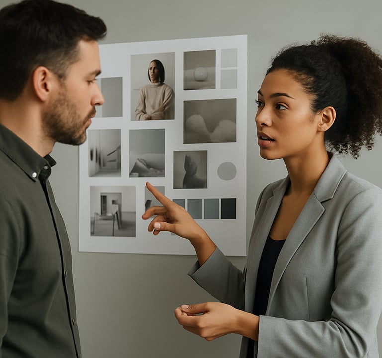 Action shot of two professionals in a studio discussing a moodboard pinned to a wall. The shot is spontaneous and unposed, with a cinematic depth of field. Professional and contemporary atmosphere, using shades of #C1C4BF and #3A3F3B.