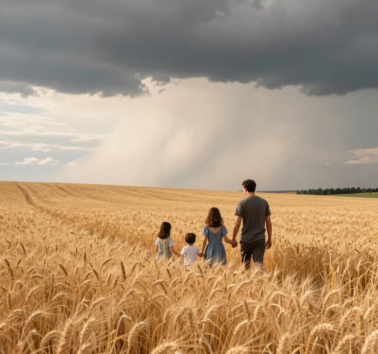 A North American / US family walking through a golden field of wheat. The horizon shows a Charcoal Gray storm receding, replaced by Soft Off-white sunshine. Warm and inviting mood.