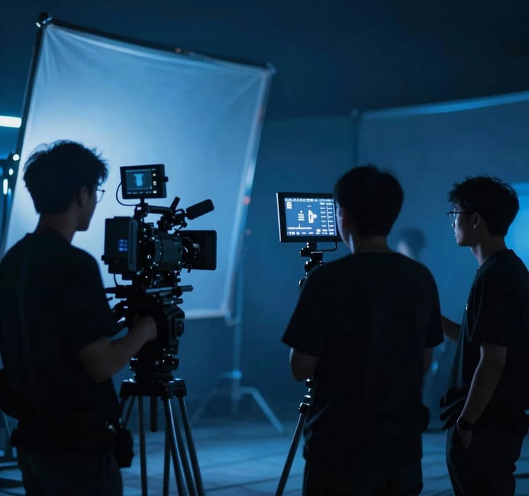 Behind the scenes shot of a professional film set at night. Dramatic #2C3E50 blue lighting, silhouettes of camera operators, and a glow of a monitor. High-end production feel, sleek and modern.