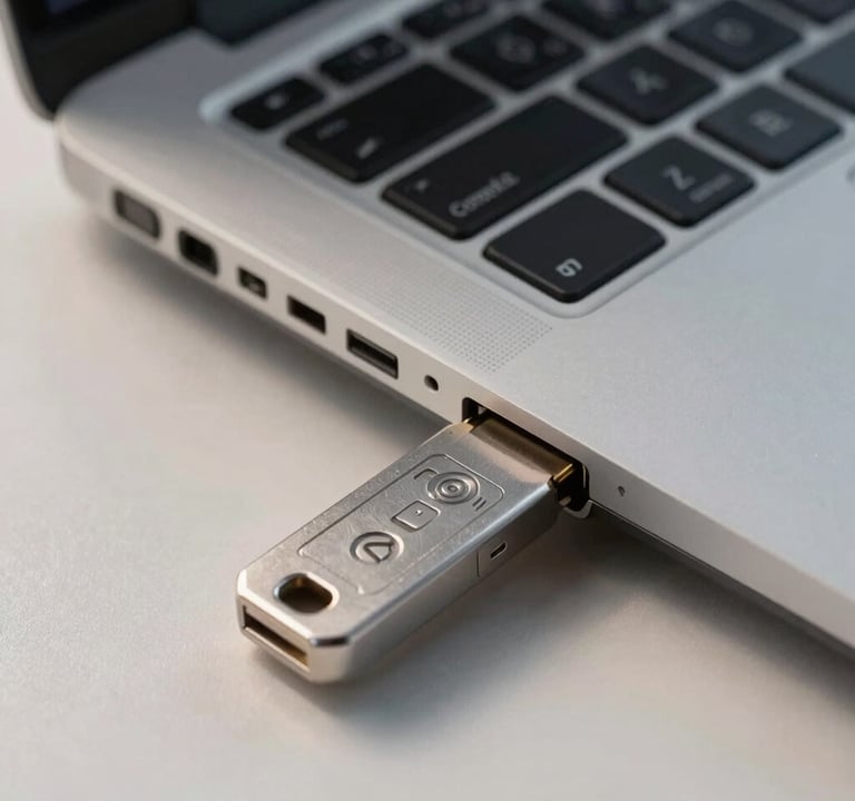 A sharp, detailed photograph of an encrypted hardware security key plugged into a silver grey laptop port. The scene is set on a pale mist surface, with soft morning light creating a clean, trustworthy, and modern feel.