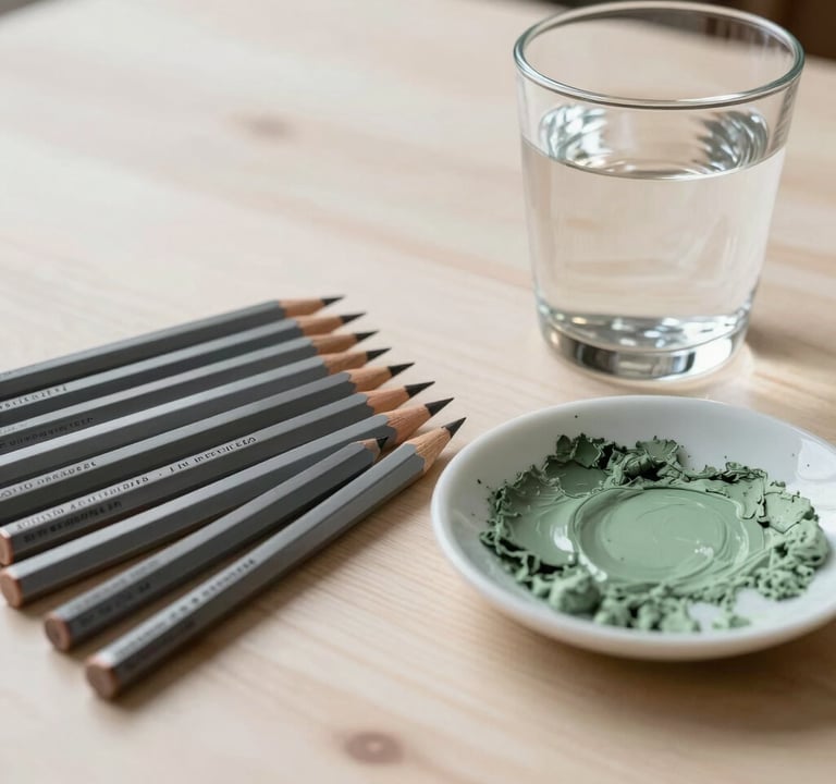 A collection of professional drawing tools: graphite pencils, a porcelain palette with dried muted sage green pigment, and a glass of clear water. Arranged artfully on a soft off-white wooden table under warm, gentle light.