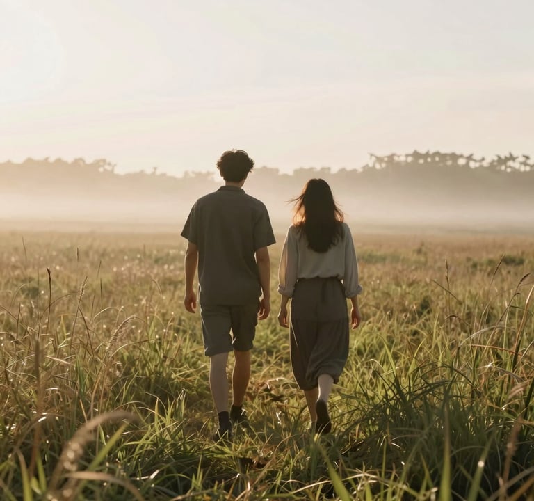 A couple walking away from the camera into a hazy, sun-drenched field of tall grass. The light creates a beautiful rim-light effect on their silhouettes. The atmosphere is warm, peaceful, and authentic.