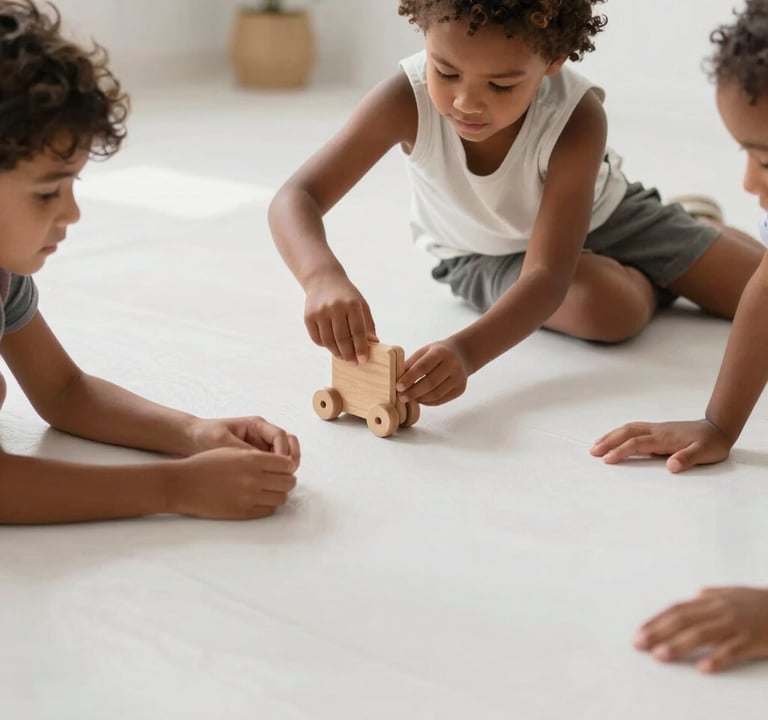 A candid shot of children playing with a wooden toy on a pearl white floor. Minimalist South American / Brazilian interior design. Soft shadows, high-quality professional photography with a clean look.