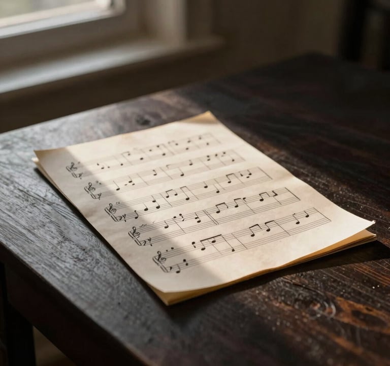 A poetic image of sheet music resting on a dark charcoal wooden table, lit by a single beam of warm sand colored light from a nearby window.
