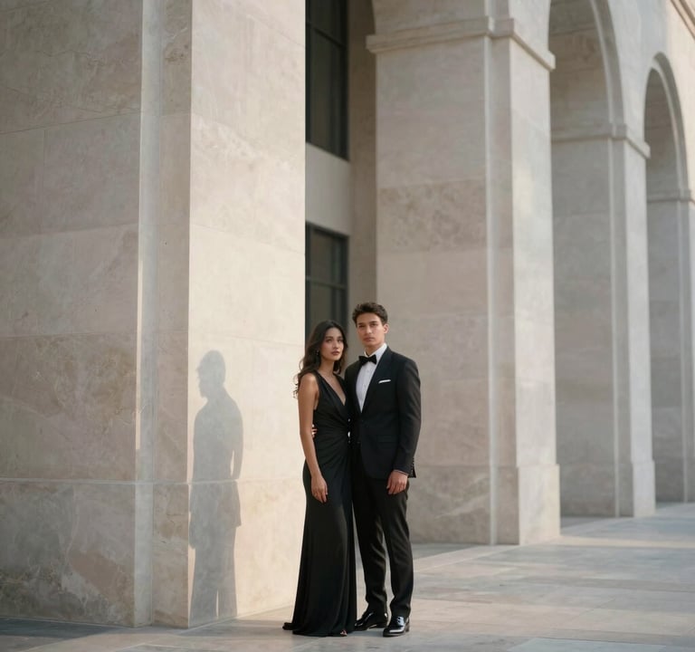 A sophisticated photograph of a couple in evening attire standing before minimalist limestone architecture. Soft afternoon sun and clean lines. North American / US city.
