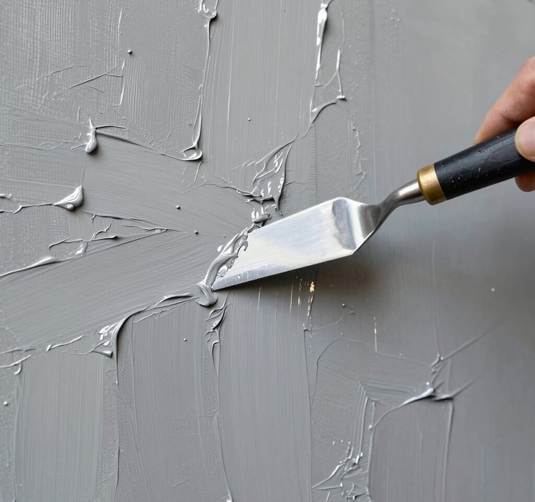 Detail of a contemporary painting showing thick layers of light grey and silver paint applied with a palette knife, reflecting a modern European aesthetic.