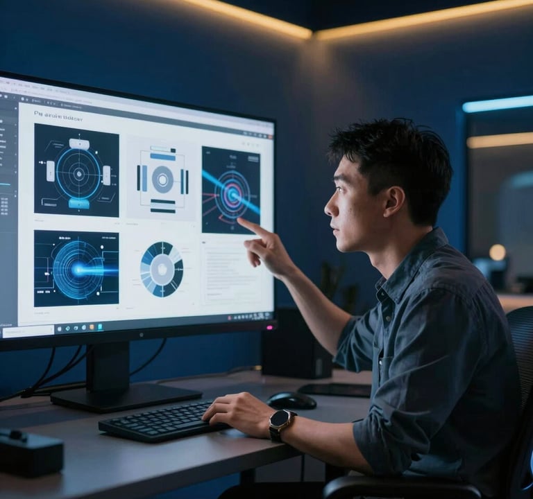 Ruihan, a professional with an eye for detail, reviewing a series of design concepts on a large screen in a dimly lit, sophisticated studio. The room is accented with deep blue furniture and yellow mood lighting. Professional and engaging.